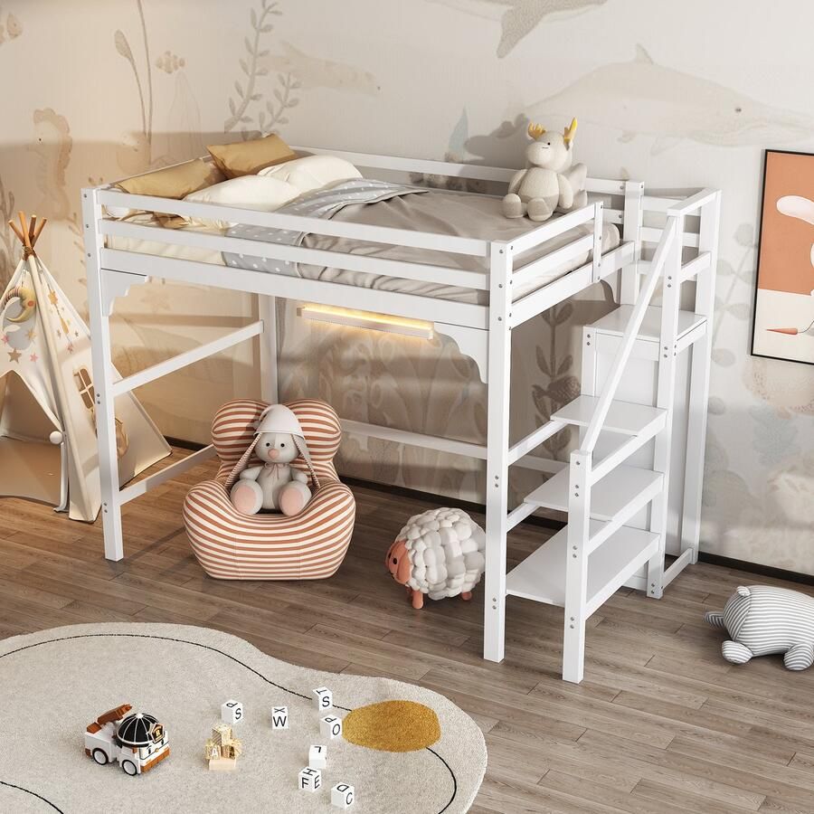 Gutent Kinderhoogslaper Wit (Zonder matras) 140*200 cm met Lattenbodem met ladder met kleerkast jeugdbed en opbergruimte