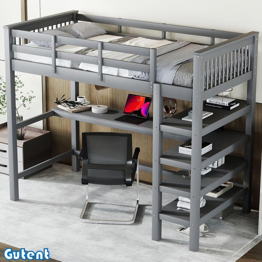 Gutent Kinderhoogslaper（Geen stoelen） 90 x 200 cm met opbergvak en bureau onder het bed zonder matras Grijs