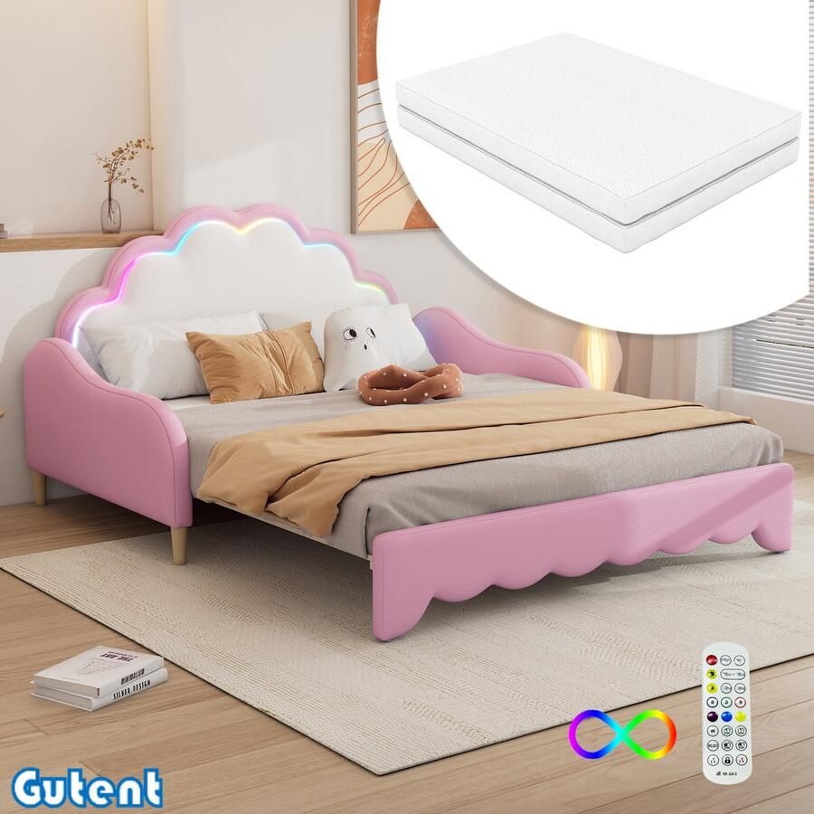 Gutent Kinderslaapbank 140*200 cm Om te bouwen tot plat bed Hoofdbord met sfeerverlichting Geleverd met matras en afstandsbediening Roze