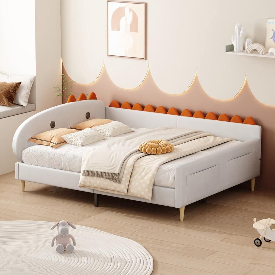 Sweiko Kinderbed 140X200cm Wieg Dinosaurusvorm met Opbergvak Multifunctionele slaapbank met rugleuning en armleuning Flat noedles frame jeugdbed tweepersoonsbed gastenbed Fluwelen stof Beige (Zonder matras)