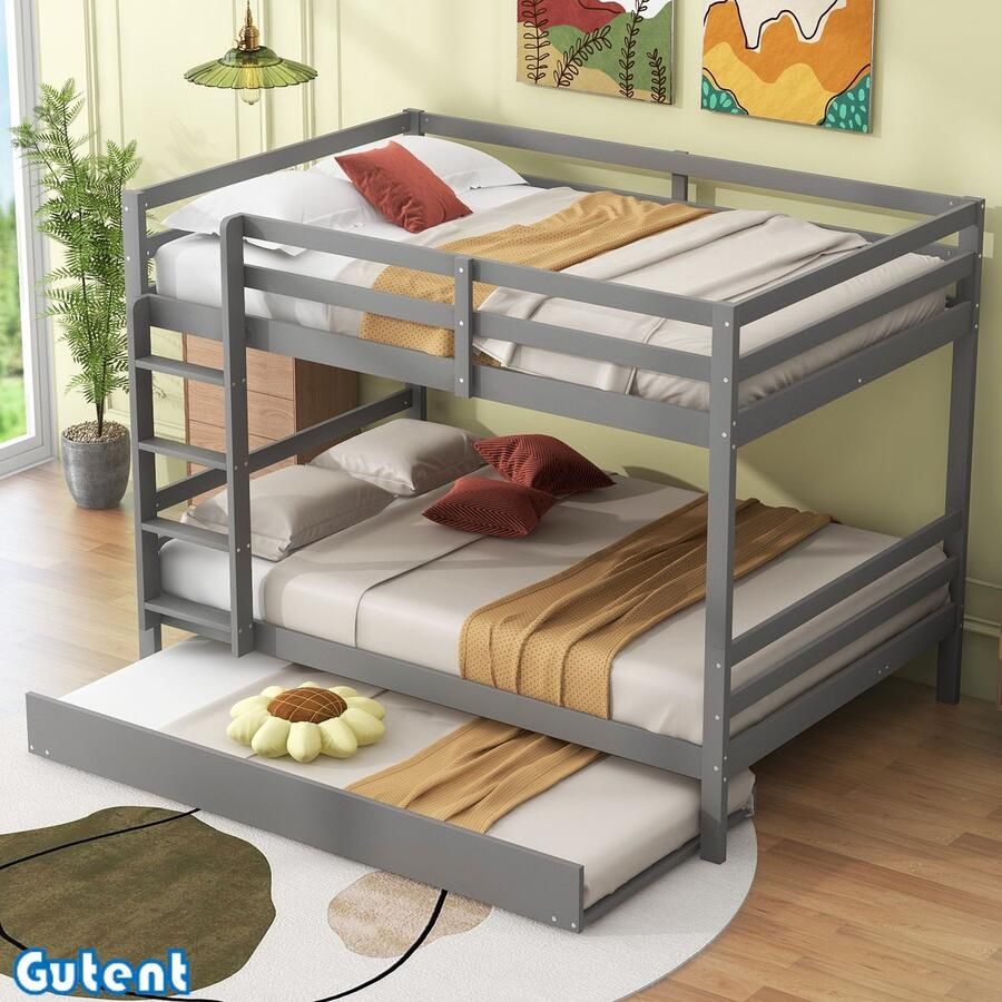 Gutent Kinderstapelbed 140*200 cm met uitschuifbaar bed hoge relingen Stabiele trap Grijs Geen matras