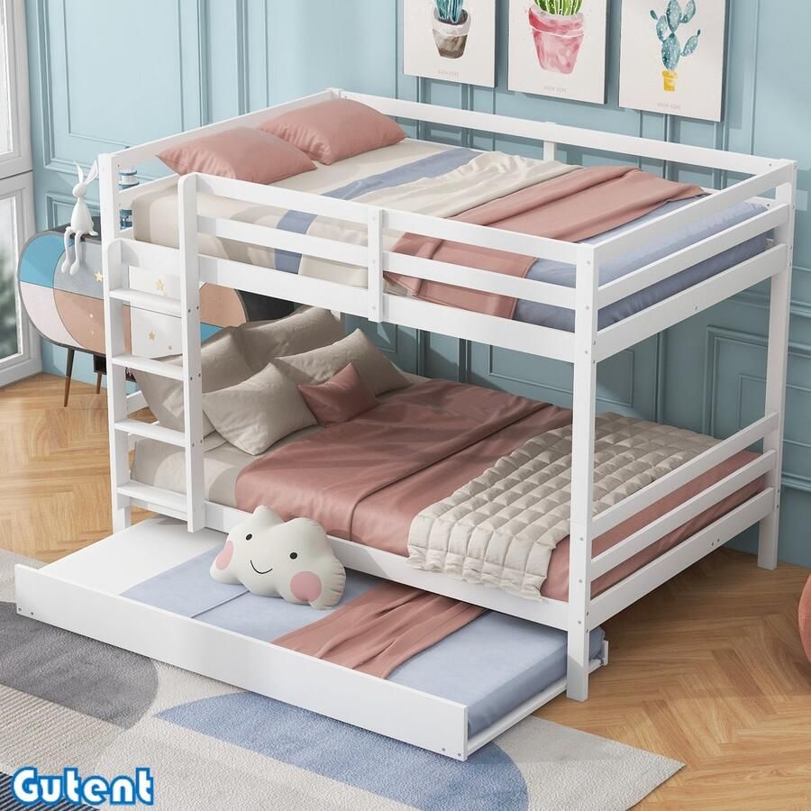 Gutent Kinderstapelbed-140*200 cm-Met uitschuifbed-Hoge relingen-Stabiele trap-Wit-Geen matras