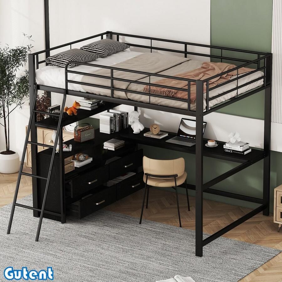 Gutent Kinderstapelbed -140x200cm-IJzeren frame bed- met L-vormig bureau-Geen matras voor Zwart -Geen stoel
