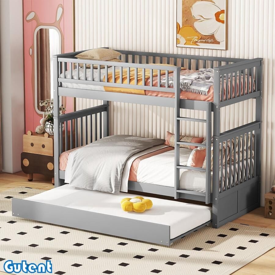 Gutent Kinderstapelbed-90*200 cm-Met uitschuifbed-Hoge relingen-Degelijke Trap-Grijs-Geen Matras