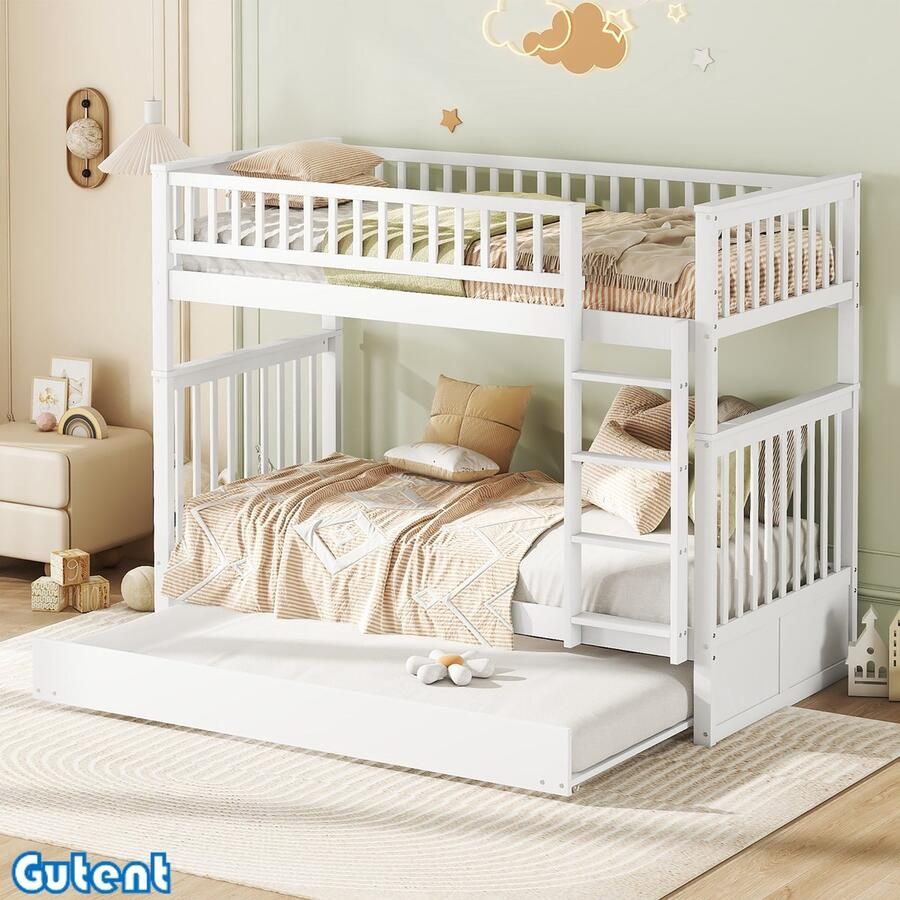 Gutent Kinderstapelbed-90*200 cm-Met uitschuifbed-Hoge relingen-Degelijke Trap-Wit-Geen Matras