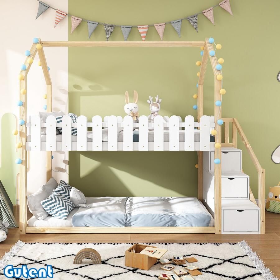 Gutent Kinderstapelbed-90*200-Trap met opbergvak-Guardrail ontwerp-Massief hout-Geen matras-Natuurlijke Wit-Geen lattenbodem onder het bed