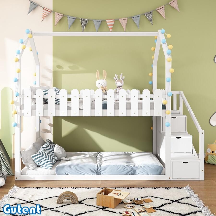 Gutent Kinderstapelbed-90*200-Trap met opbergvak-Guardrail ontwerp-Massief hout-Geen matras-Wit-Geen lattenbodem onder het bed