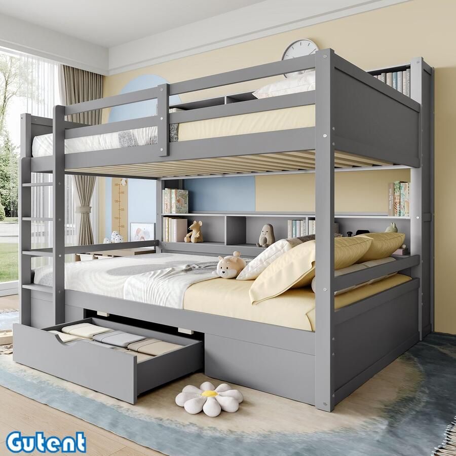 Gutent Kinderstapelbed-90x200cm-Eénpersoonsbed-Met laden-Met opbergvak-Geen matras-Grijs