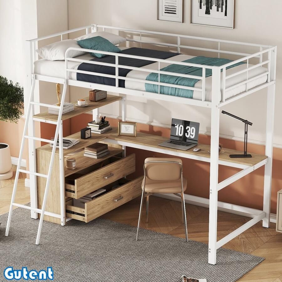 Gutent Kinderstapelbed -90x200cm-IJzeren frame bed- met L-vormig bureau-Geen matras Wit-Geen stoel