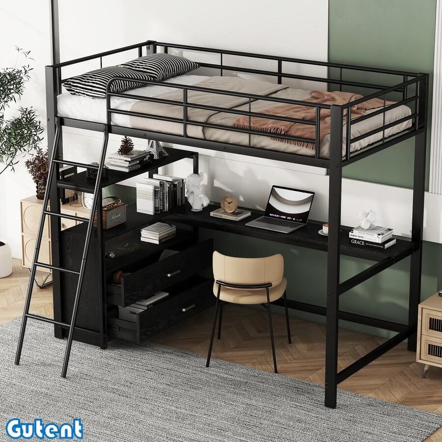 Gutent Kinderstapelbed -90x200cm-IJzeren frame bed- met L-vormig bureau-Geen matras Zwart -Geen stoel