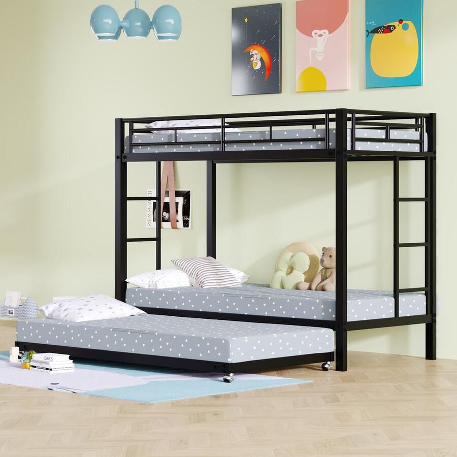 Gutent Kinderstapelbed bed met Ijzeren Frame Zwart (Zonder matras) 90*200 cm met Uitschuifbaar bed Hoge relingen stevige constructie