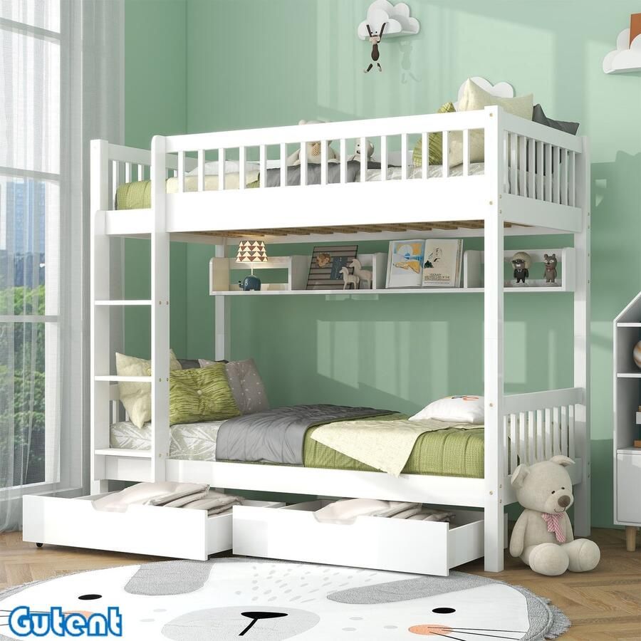 Gutent Kinderstapelbed Met haakse Ladder van 3 verdiepingen Frame van grenen Wit 90x200 cm Zonder Matras