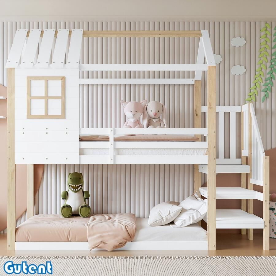 Gutent Kinderstapelbed met hoektrap met reling met raam Uniek dak Grenen + MDF Wit + Naturel 90x200 cm Geen matras