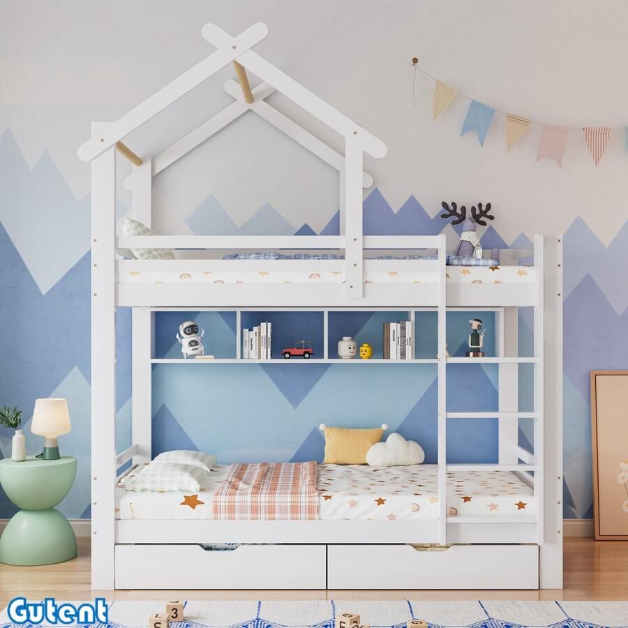 Gutent Kinderstapelbed met laden en legplanken met driestaps haakse ladder met relingen grenen frame Wit 90x200 cm Geen matras