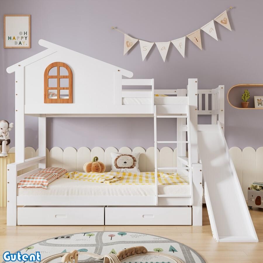 Gutent Kinderstapelbed met Raam met Glijbaan met twee laden Massief houten frame Wit 90x200 en 120x200 cm Geen matras