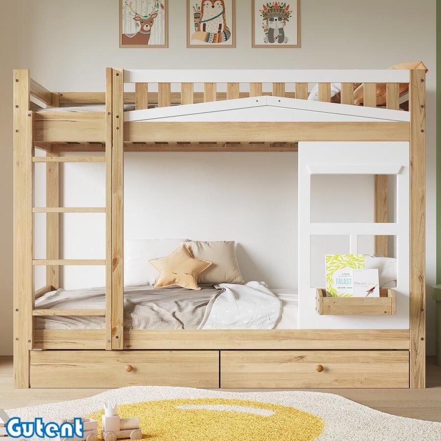 Gutent Kinderstapelbed met Relingen Twee laden den + MDF Wit + Naturel 90x200 cm Geen matras