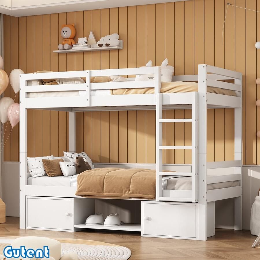 Gutent Kinderstapelbed met schoenenrek en opbergkast Wit 90x200 cm Zonder matras