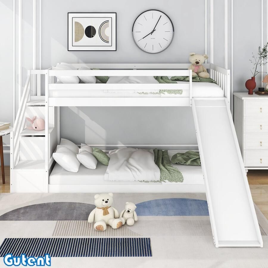 Gutent Kinderstapelbed met trap en glijbaan massief grenen 2 Laden 90x200 cm Wit Geen matras