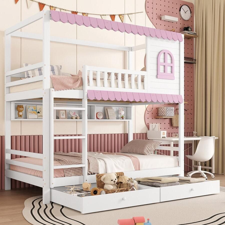 Gutent Kinderstapelbed Roze dak Twee laden den + MDF Wit + Roze 90x200 cm Geen matras
