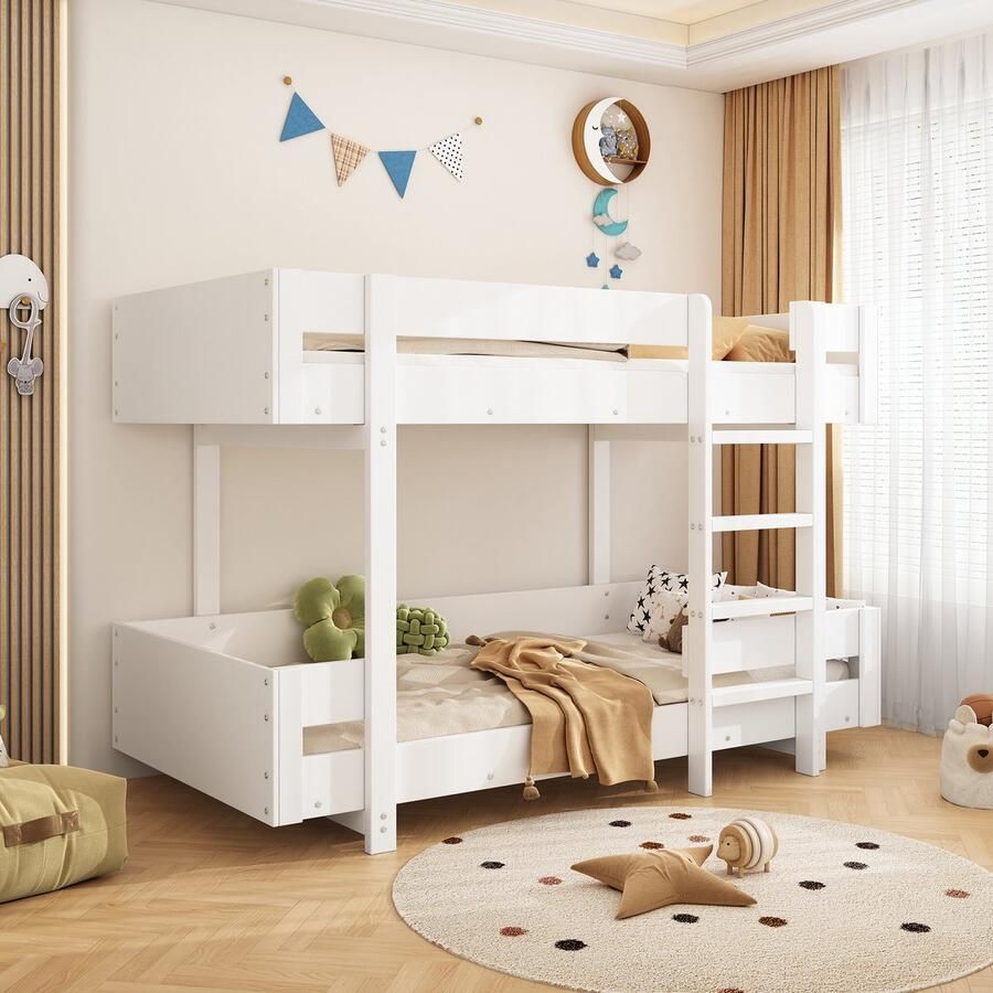 Sweiko Stapelbed 90*200 cm Kinderbed Minimalistisch ontwerp Versterkte veiligheidsrails Zonder matras Wit - Foto 2
