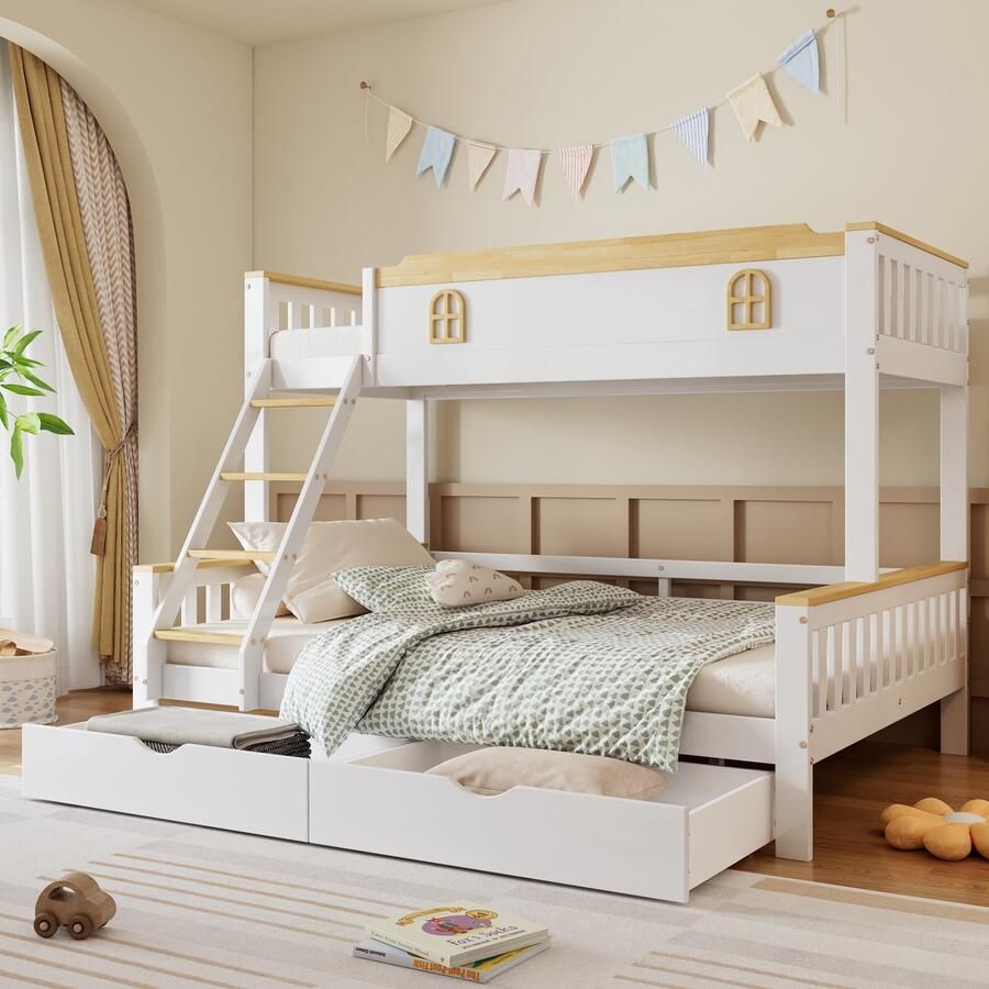 Gutent Kinderstapelbed Wit + Naturel (Zonder matras) 90x200cm & 140x200cm met veiligheidsrails in contrasterende kleuren met raam met 4-staps schuine ladder en laden den + MDF