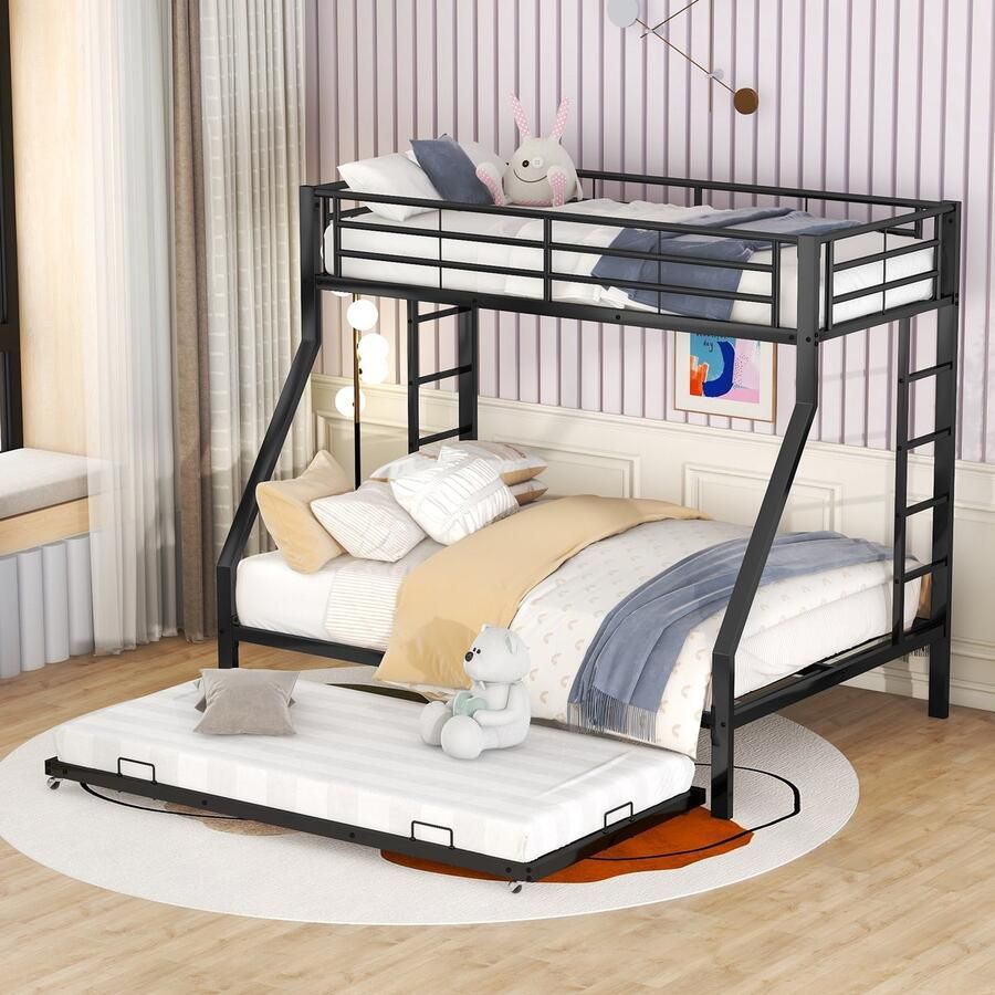 Gutent Kinderstapelbed (Zonder matras) Metalen bed met Uitschuifbaar bed met Ladder aan beide zijden geschikt voor kinderen tieners en volwassenen 90(140)x200 cm Zwart