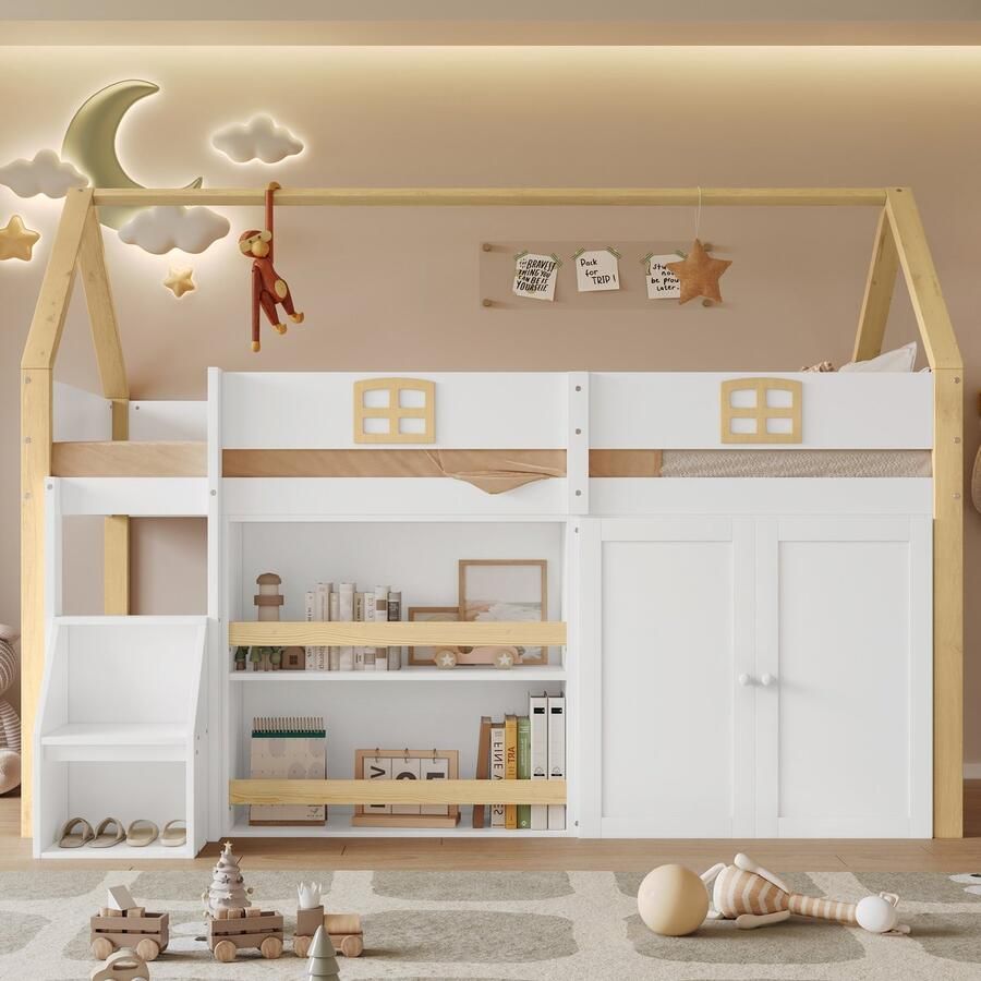 Gutent Kinderzolderbed Houten bed Hoog bed Veilige tweedelige opbergladder Met planken en kledingkast Met leuning Wit + naturelkleur 90 x 200 cm Zonder matras