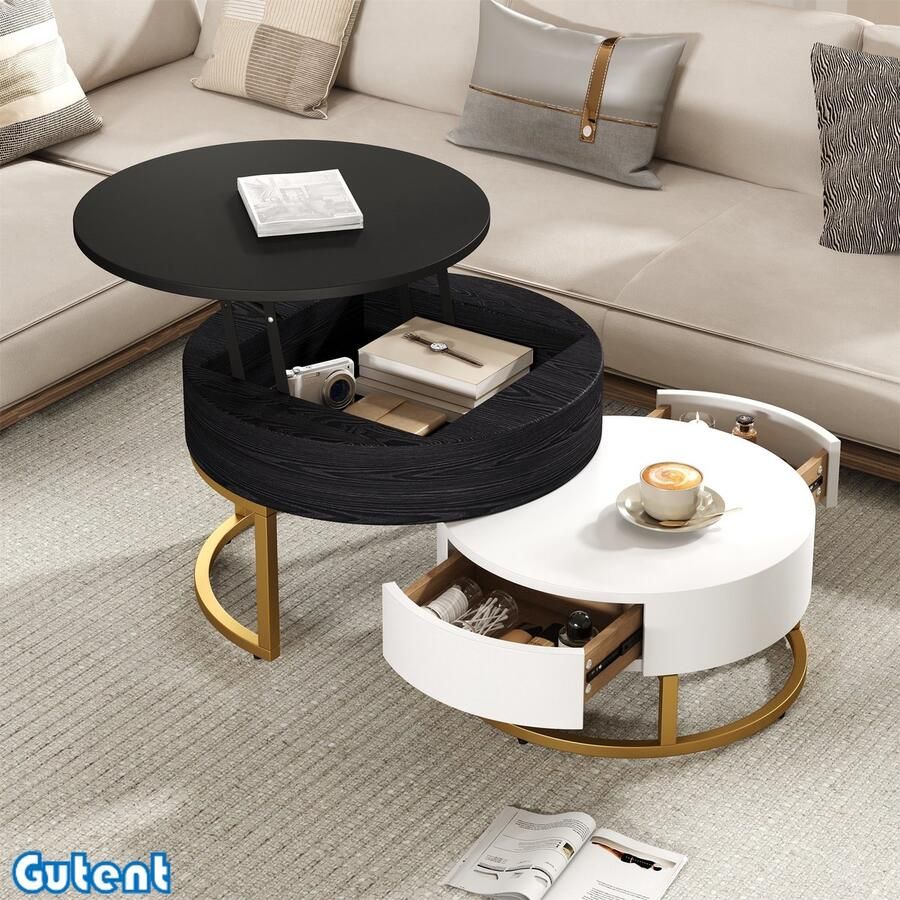 Gutent Koffietafel Gouden rand Opvouwbaar met twee laden Set van 2 stuks Zwart en Wit