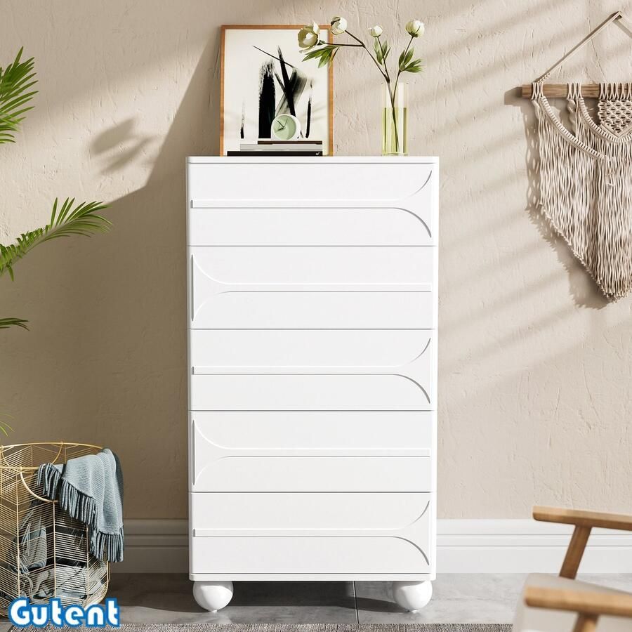 Gutent Ladekast 5 laden Elegant ontwerp met reliëf Wit Metalen poten Opbergruimte Afgeronde hoeken