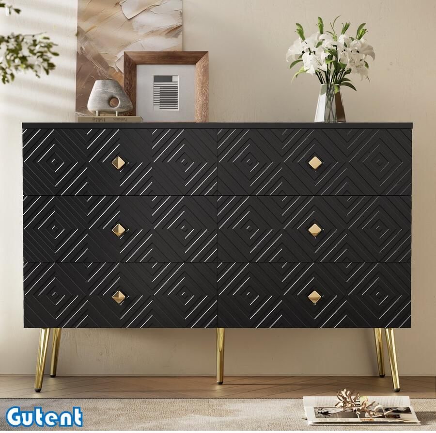 Gutent Ladekast 6 laden 120x40x80 cm Elegant Zwart met Gouden kleuren