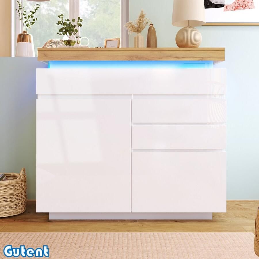 Gutent Ladekast Hoogglans dressoir 2 deuren 3 laden LED Verlichting 115 x 110 x 39 cm Wit