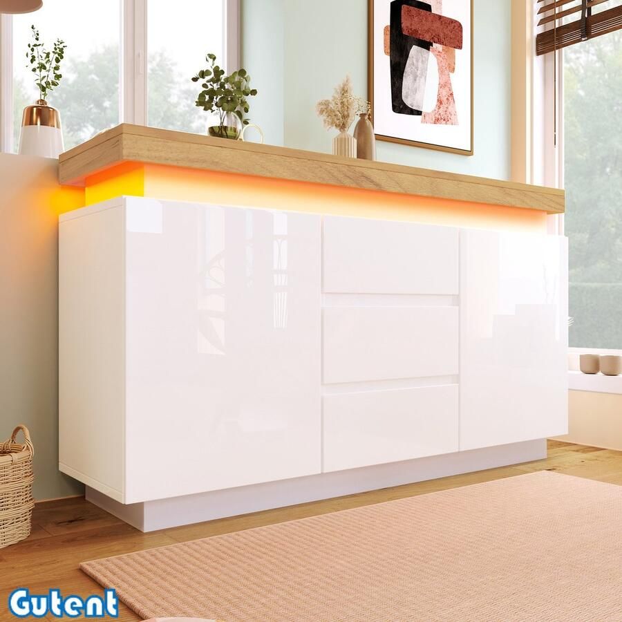 Gutent Ladekast Hoogglans Dressoir 2 deuren 3 laden LED Verlichting 81 x 140 x 39 cm Wit