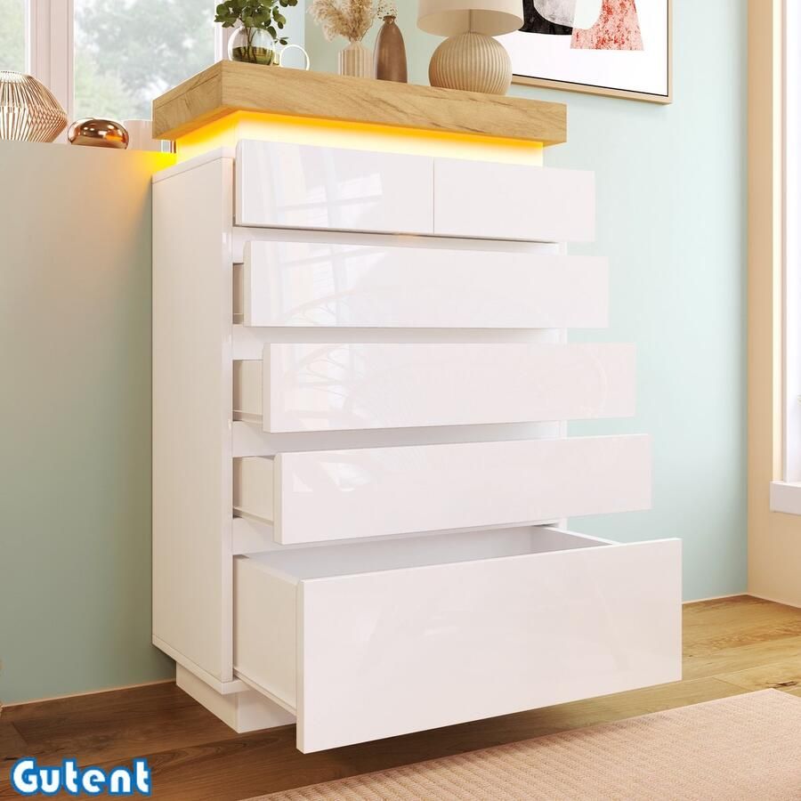 Gutent Ladekast Hoogglans dressoir 6 laden LED Verlichting 115 x 73 x 39 cm Wit
