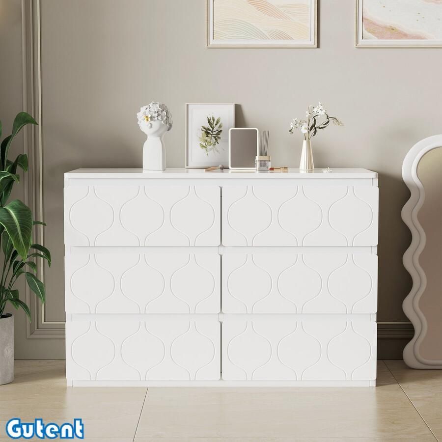 Gutent Ladekast met 6 laden Golfpatroon Gelakt Effect Hoek Ontwerp 110 B x 40 D x 72 H Wit