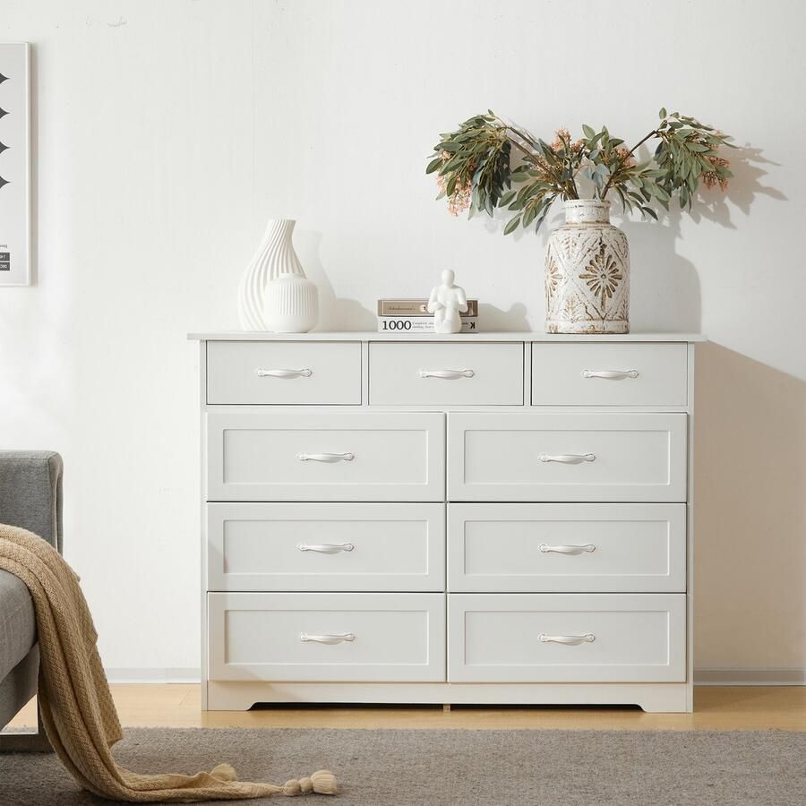 Gutent Ladekast Wit Gangkast met 9 laden Golfpatroon Gelakt Stootvast Hoekontwerp Afmetingen: 110 B x 40 D x 72 H geschikt voor woonkamer badkamer en slaapkamer