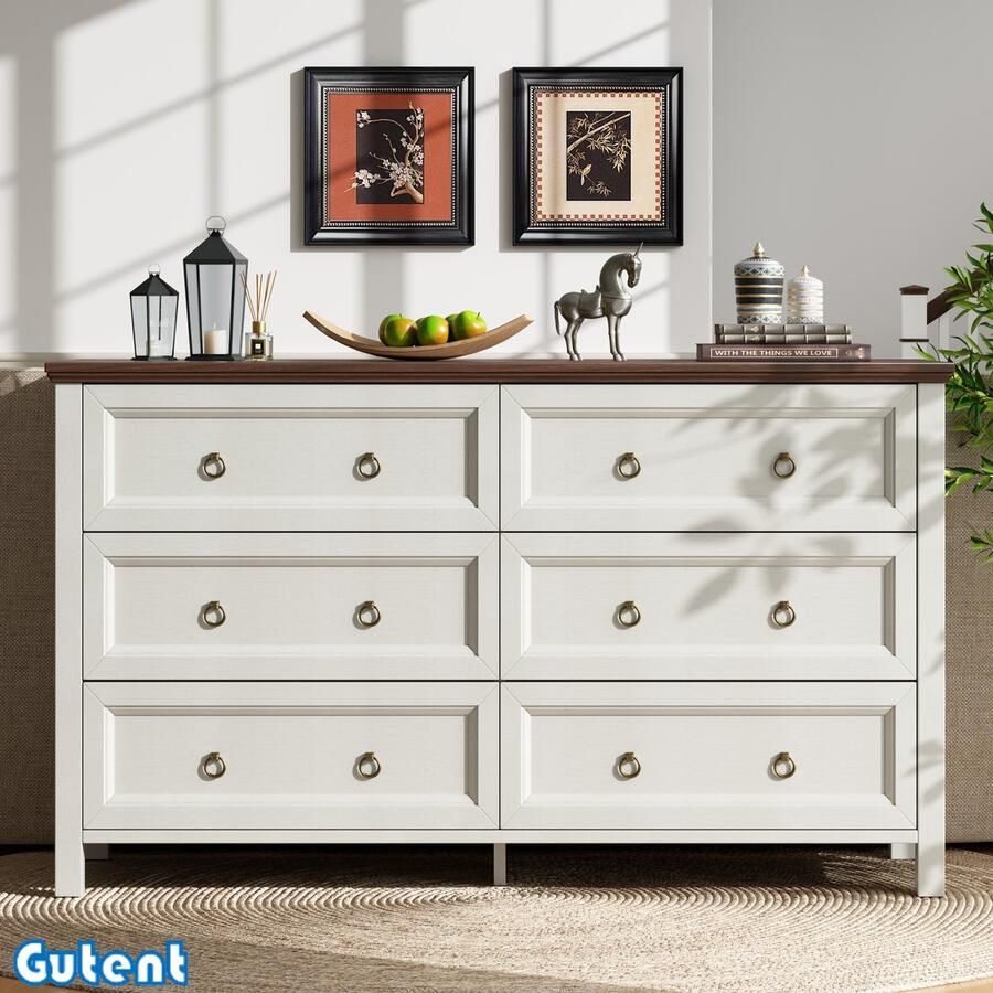 Gutent Ladekast Wit Retro Stijl met aluminium ladegrepen walnoot bovenkant 6 lades