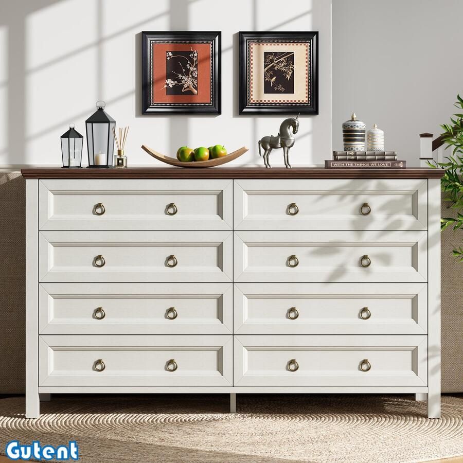 Gutent Ladekast Wit Retro Stijl met aluminium ladegrepen walnoot werkblad 8 lades