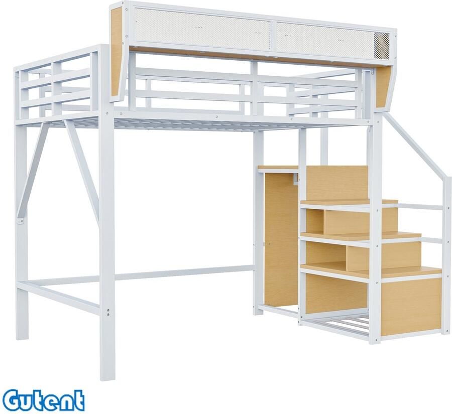 Gutent Loft bed 140x200cm met veiligheidstrap Lockers Metalen bed Kinderbed Wit- Zonder matras