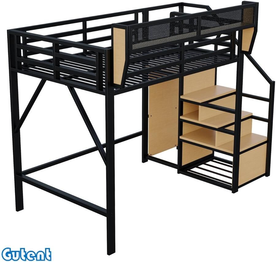 Gutent Loft bed 140x200cm met veiligheidstrap Lockers Metalen bed Kinderbed Zwart Zonder matras