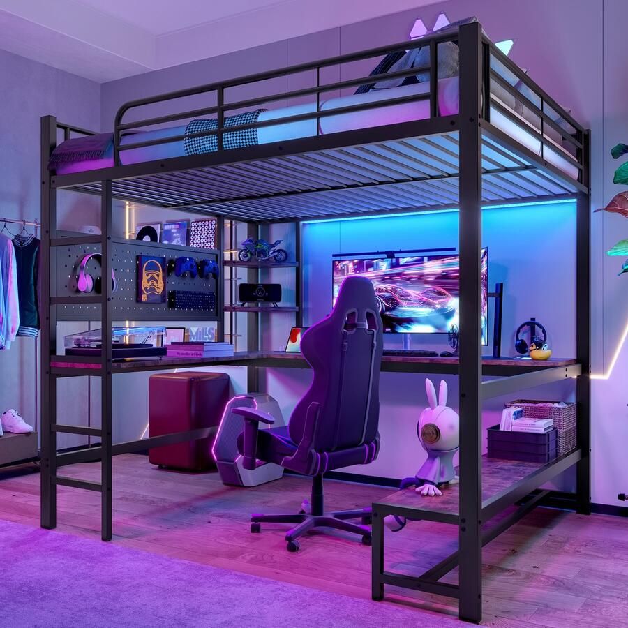 Gutent Loftbed 140 x 200 cm ijzer met bureau USB + Type-C-aansluiting LED-verlichting zonder matras Zwart-Geen stoel