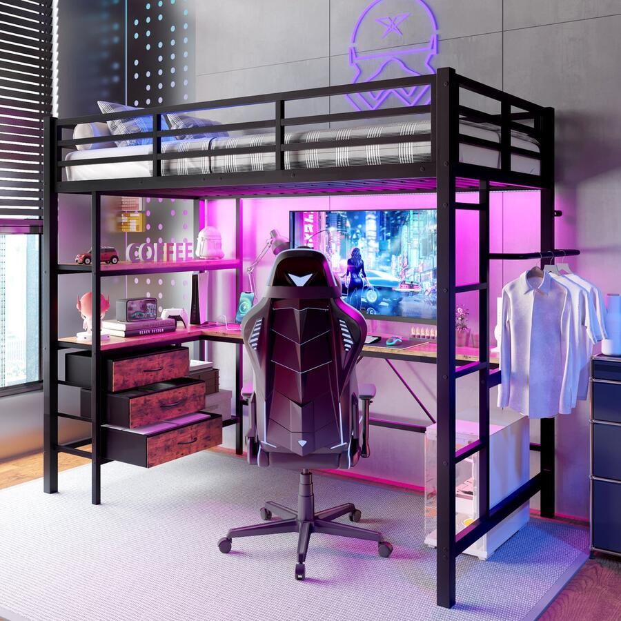 Gutent Loftbed 90 x 200 cm met LED-verlichting bureau stopcontact + USB-aansluiting 3 lades Zonder matras Zwart-Geen stoel