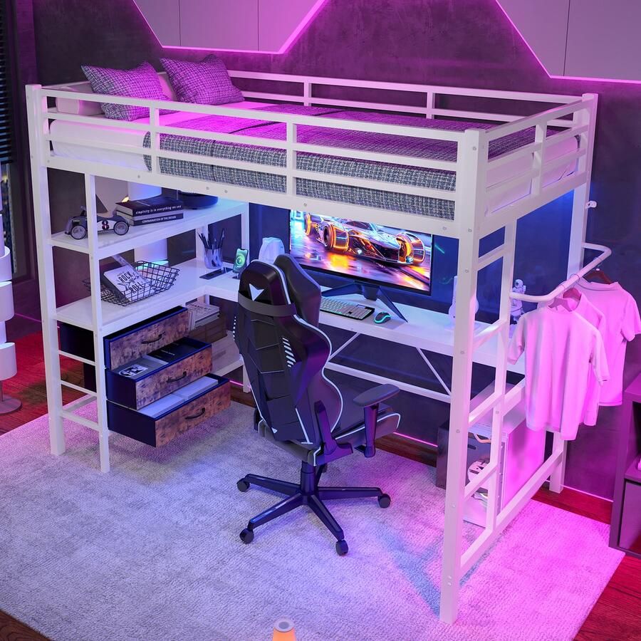 Gutent Loftbed 90 x 200 cm met LED-verlichting bureau stopcontact + USB-aansluiting 3 lades Zonder matras Wit-Geen stoel