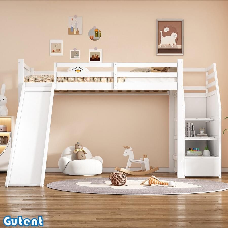 Gutent Loftbed Kinderbed 90*200cm met glijbaan Opbergruimte Zonder matras Wit