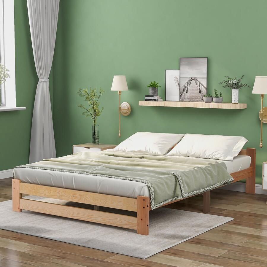 Gutent Massief Houten bed Natuurlijke kleur (zonder matras) 200x140 cm Futonbed Massief houten bed naturel met hoofdbord en lattenbodem