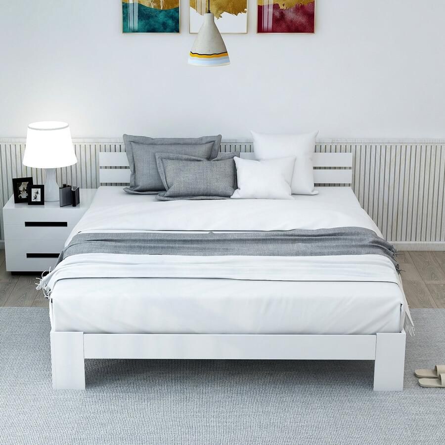 Gutent Massief Houten bed Wit (Zonder matras) Tweepersoonsbed 200 x 140 cm Massief hout Tweepersoonsbed bestaande uit bedframe en hoofdbord met lattenbodem te gebruiken als grenen bed