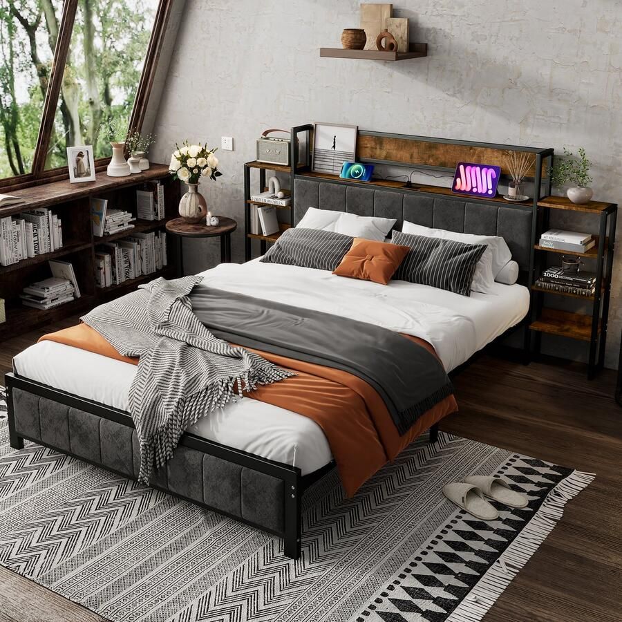 Gutent Metalen bed (Zonder matras) Hoofdeinde met boekenkast 3 USB-poorten Donker fluweelschuim Metaal + MDF Zwart + Notenhout 140x200cm