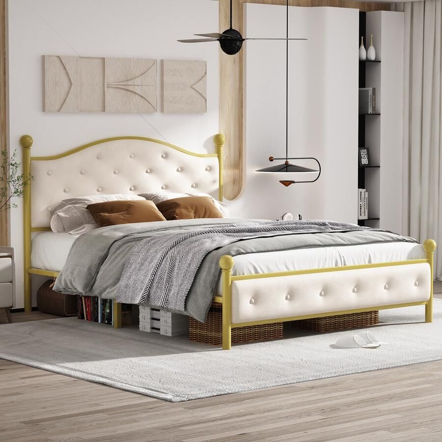 Gutent Modern metalen bed 140x200 cm Goud (Zonder matras) Bedframe met lattenbodem Tweepersoonsbed bedframe met hoofdeinde logeerbed jeugdbed voor slaapkamer logeerkamer