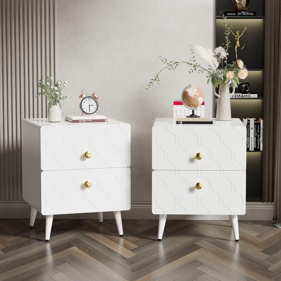 Gutent Modern Nachtkastje Wit set van 2 Vergulde handgrepen Golfpatroon met 2 laden gelakt hoeken in stootvast ontwerp 39 5 B*40 D*50 H cm