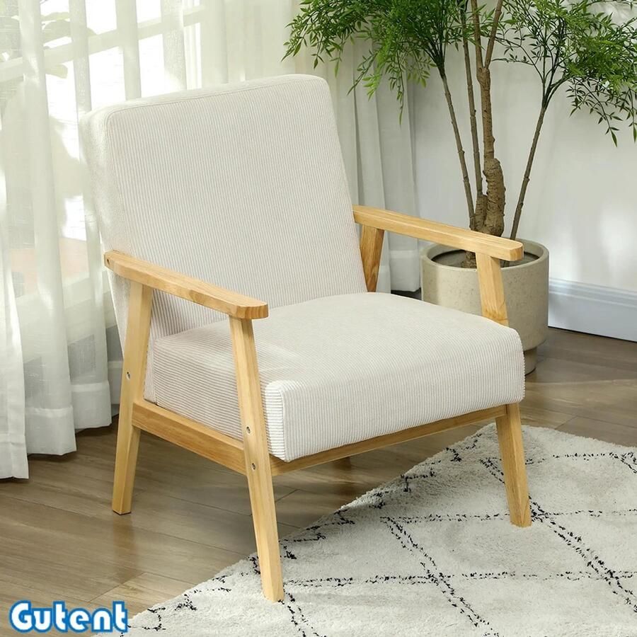 Gutent Moderne fauteuil stoffen bekleding gemaakt van rubberhout belastbaar tot 120 kg Crèmekleur