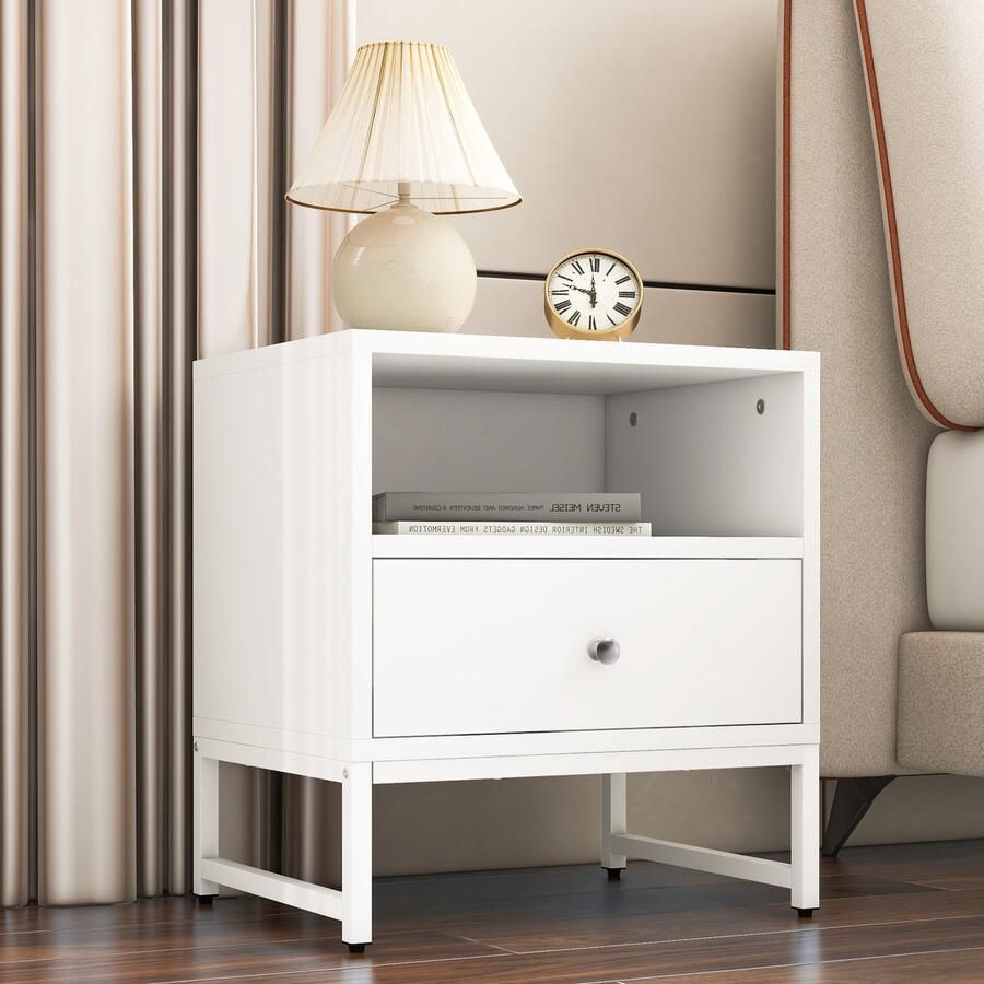 Gutent Nachtkastje set van 2 Wit Modern Nachtkastje met handgrepen Minimalistische stijl met 1 lade gelakt impact hoeken 50B*39D*54H cm